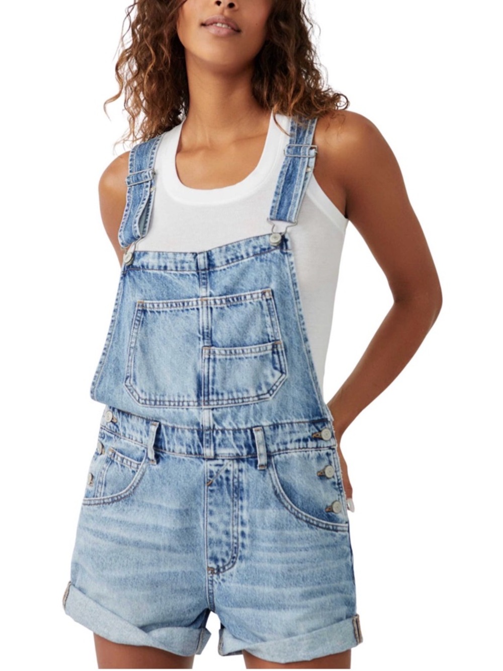 We The Free Ziggy Shortalls Light Blue Denim Overall Shorts Large - Picture 2 of 10